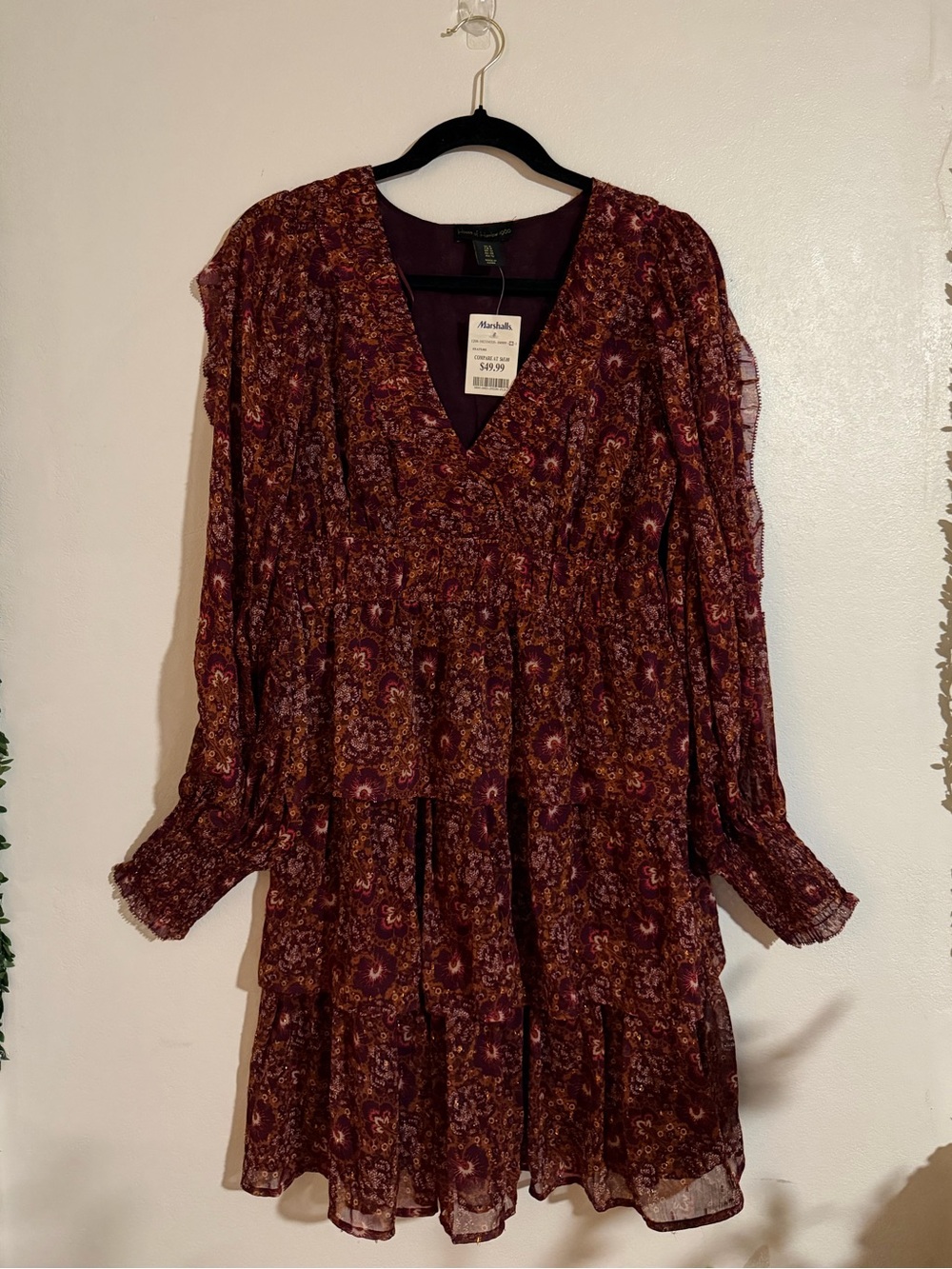 House of Harlow 1960 Brown and Purple Floral Smocked Long Sleeve Dress